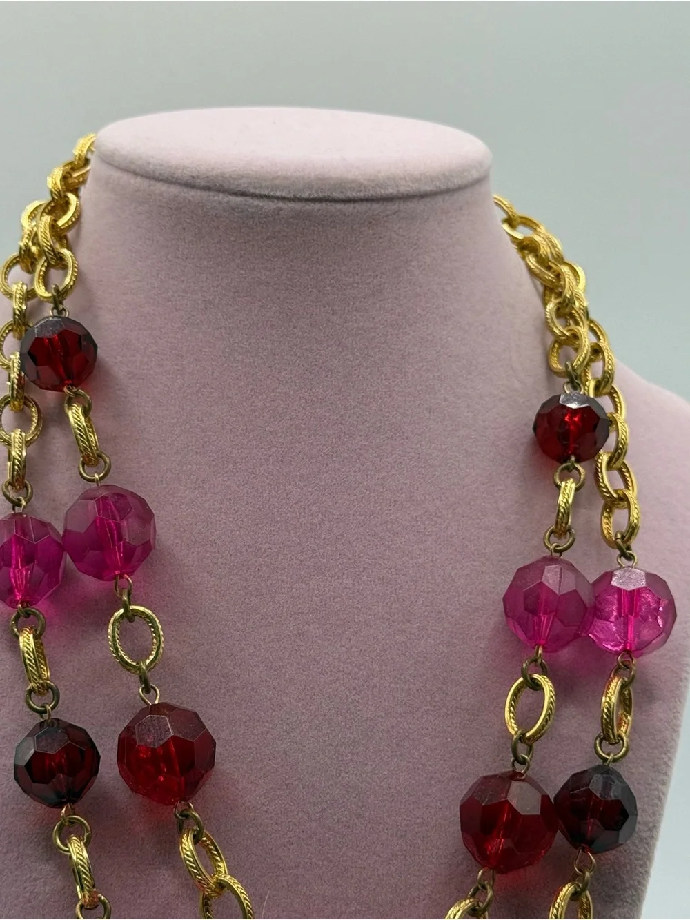 Double layered Gold Chain Necklace with Pink and Red Faceted Beads